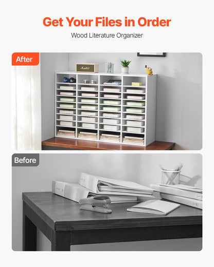 Litteraturorganisatör, 36 fack kontorsbrevlåda med justerbara hyllor, träbrevlåda sorterare med medeldensitetsfiberskiva kontor hem klassrum förvaring för filer, dokument, papper, vit
