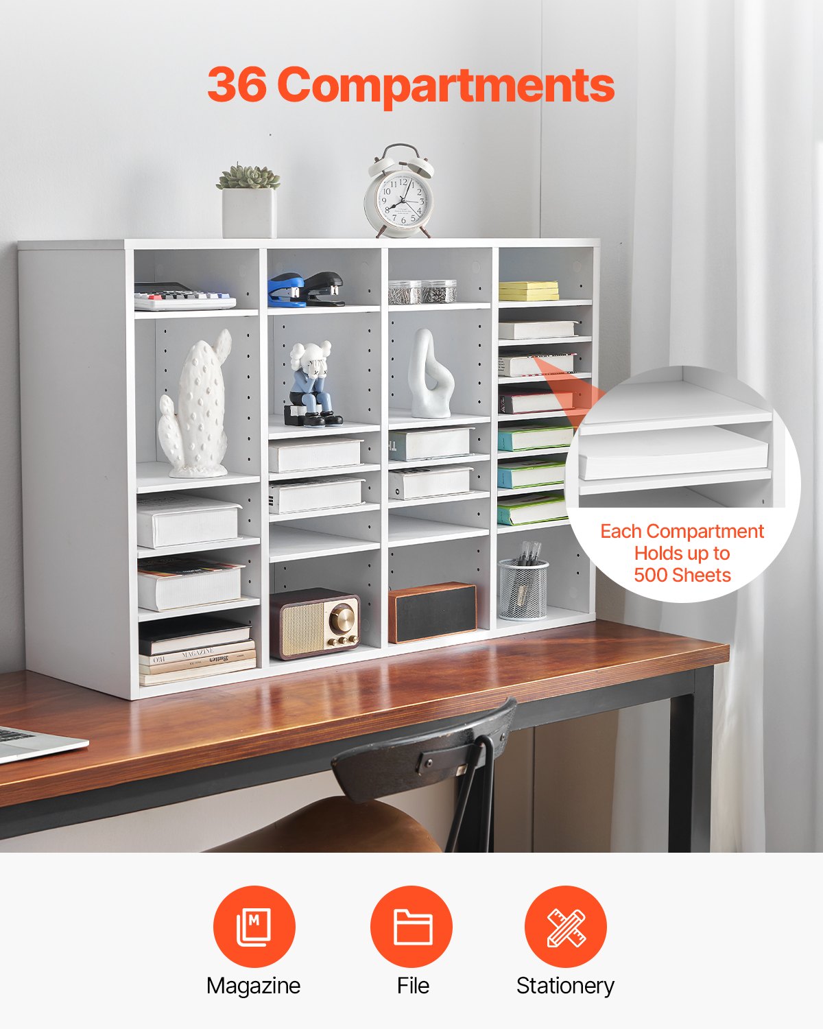 Litteraturorganisatör, 36 fack kontorsbrevlåda med justerbara hyllor, träbrevlåda sorterare med medeldensitetsfiberskiva kontor hem klassrum förvaring för filer, dokument, papper, vit