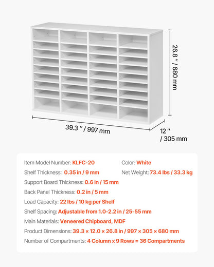 Litteraturorganisatör, 36 fack kontorsbrevlåda med justerbara hyllor, träbrevlåda sorterare med medeldensitetsfiberskiva kontor hem klassrum förvaring för filer, dokument, papper, vit