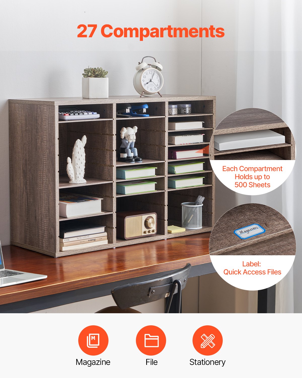 Literature Organizer, 27 Compartments Office Mailbox with Removable Shelves, Wood Mailbox Sorter Particle Board Office Home Classroom Storage, File Sorter for File, Document, Paper, Black-Grey