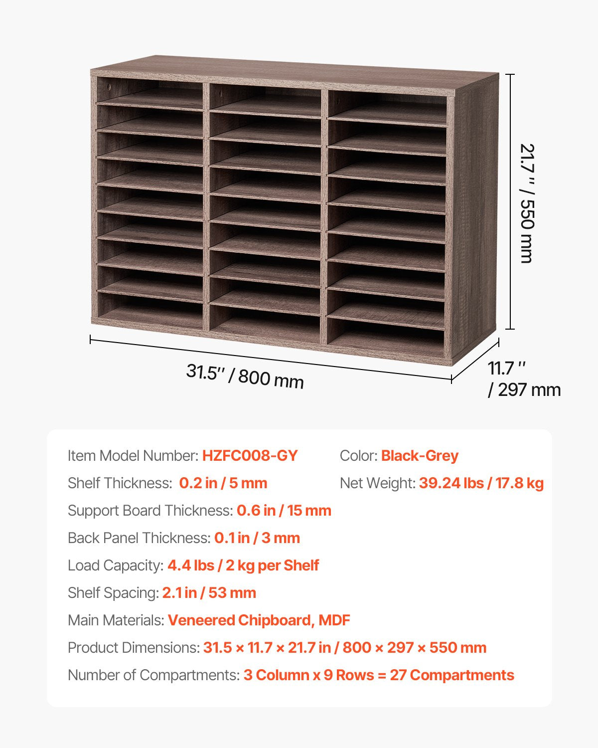 Literature Organizer, 27 Compartments Office Mailbox with Removable Shelves, Wood Mailbox Sorter Particle Board Office Home Classroom Storage, File Sorter for File, Document, Paper, Black-Grey
