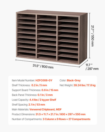 Literature Organizer, 27 Compartments Office Mailbox with Removable Shelves, Wood Mailbox Sorter Particle Board Office Home Classroom Storage, File Sorter for File, Document, Paper, Black-Grey