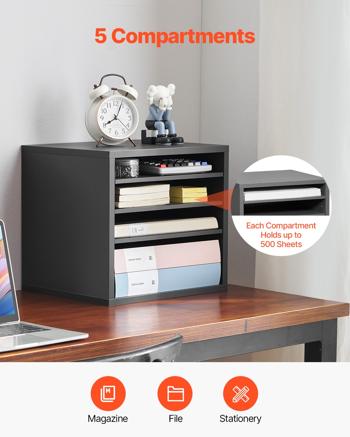 Litteraturorganisatör, kontorsbrevlåda med 5 fack och justerbara hyllor, postlådesorterare i trä, medeltät fiberpapp, kontors- och klassrumsförvaring för filer, dokument, papper, grå