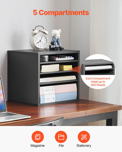 Litteraturorganisatör, kontorsbrevlåda med 5 fack och justerbara hyllor, postlådesorterare i trä, medeltät fiberpapp, kontors- och klassrumsförvaring för filer, dokument, papper, grå