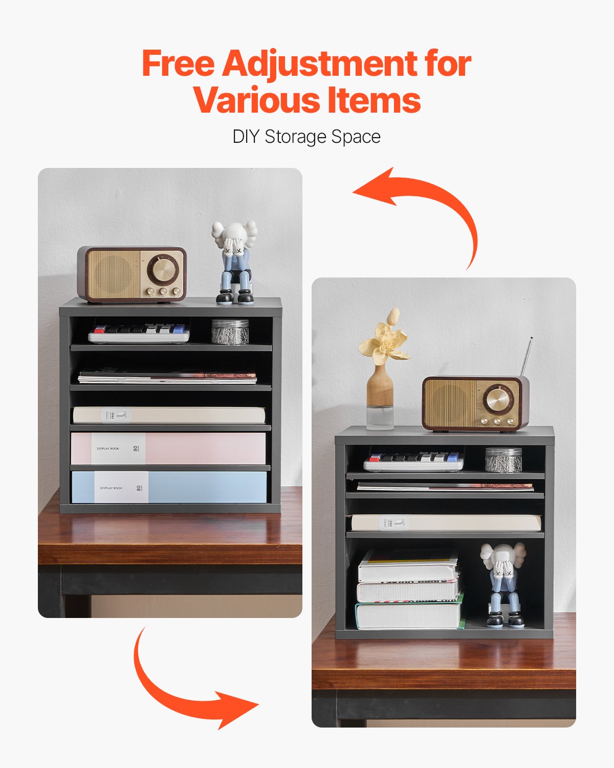 Litteraturorganisatör, kontorsbrevlåda med 5 fack och justerbara hyllor, postlådesorterare i trä, medeltät fiberpapp, kontors- och klassrumsförvaring för filer, dokument, papper, grå