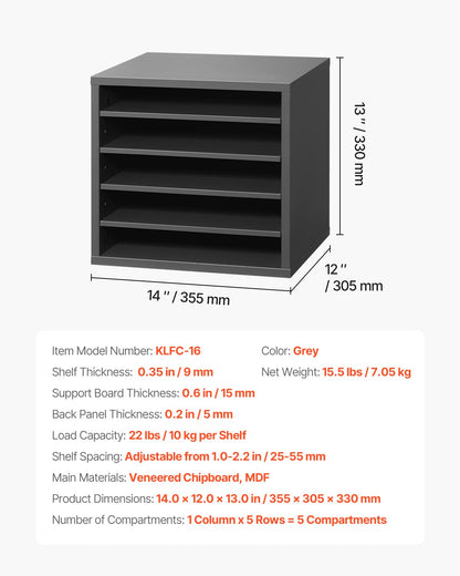 Litteraturorganisatör, kontorsbrevlåda med 5 fack och justerbara hyllor, postlådesorterare i trä, medeltät fiberpapp, kontors- och klassrumsförvaring för filer, dokument, papper, grå