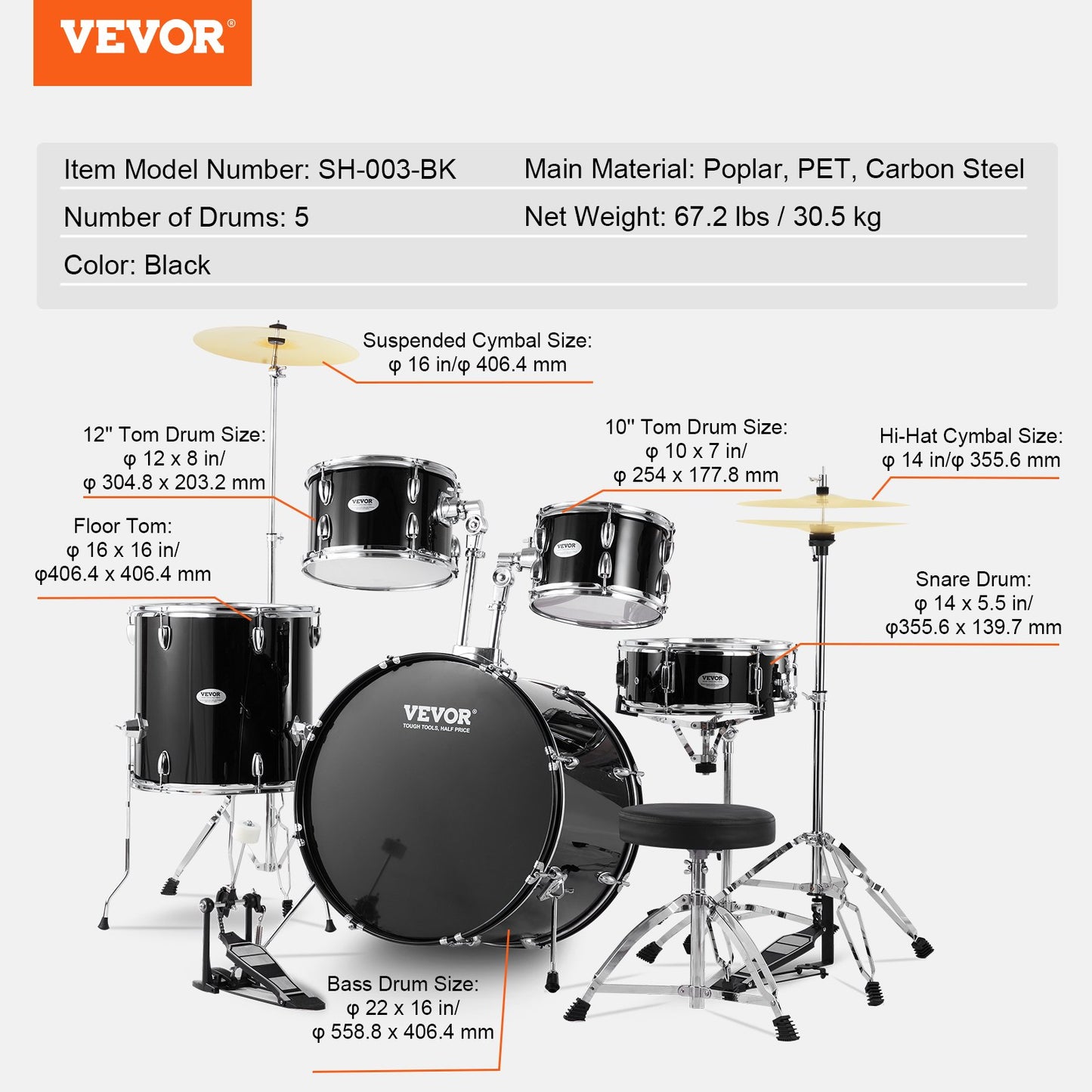 Adult Drum Set, 5-Piece, 22 inches Complete Full Size Drum Kit with Bass Toms Snare Floor Drum Adjustable Throne Stands Cymbal Hi-Hat Pedal and Drumsticks, Beginner Drum Kit for Adults, Black