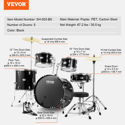 Adult Drum Set, 5-Piece, 22 inches Complete Full Size Drum Kit with Bass Toms Snare Floor Drum Adjustable Throne Stands Cymbal Hi-Hat Pedal and Drumsticks, Beginner Drum Kit for Adults, Black