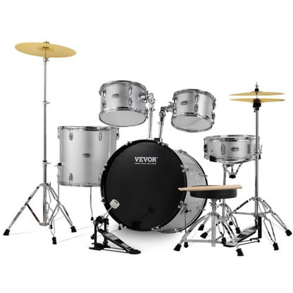 Adult Drum Set, 5-Piece, 22 inches Complete Full Size Drum Kit with Bass Toms Snare Floor Drum Adjustable Throne Stands Cymbal Hi-Hat Pedal and Drumsticks, Beginner Drum Kit for Adults, Silver