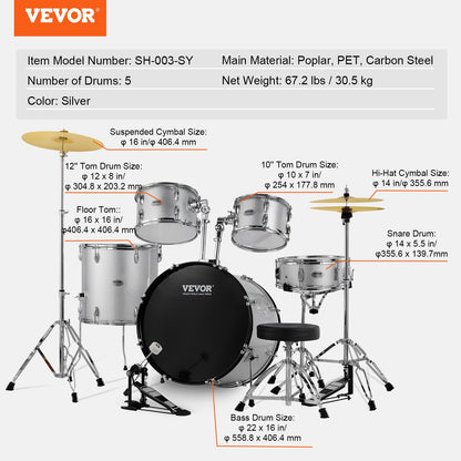 Adult Drum Set, 5-Piece, 22 inches Complete Full Size Drum Kit with Bass Toms Snare Floor Drum Adjustable Throne Stands Cymbal Hi-Hat Pedal and Drumsticks, Beginner Drum Kit for Adults, Silver