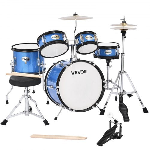 Barntrumset, 5-delars 14 tum / 355,6 mm juniortrumset, trumset för nybörjare med justerbart ställ och två par trumstockar, musikaliskt lärande truminstrumentkit, för barn i åldrarna 6-13 (blå)