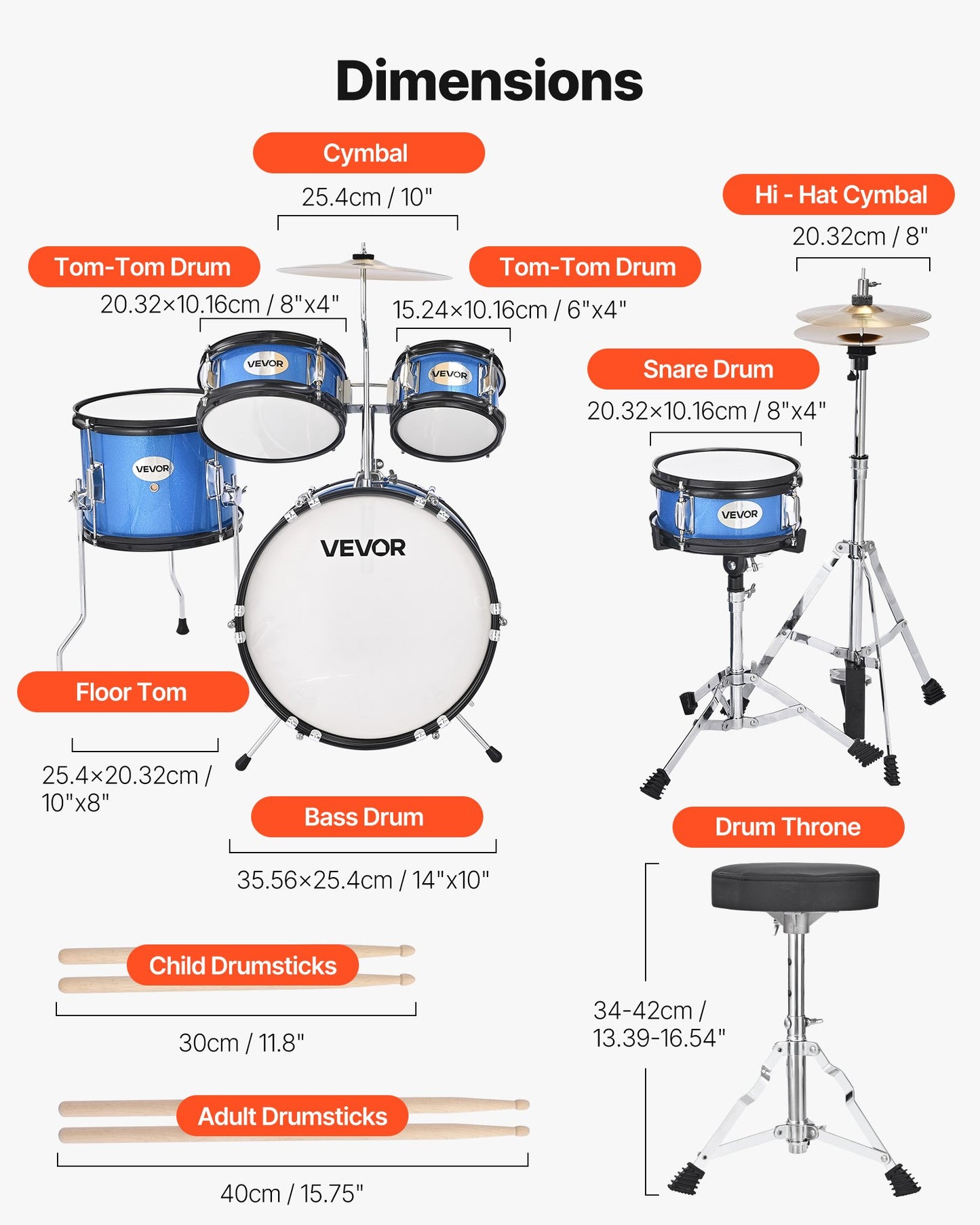Barntrumset, 5-delars 14 tum / 355,6 mm juniortrumset, trumset för nybörjare med justerbart ställ och två par trumstockar, musikaliskt lärande truminstrumentkit, för barn i åldrarna 6-13 (blå)