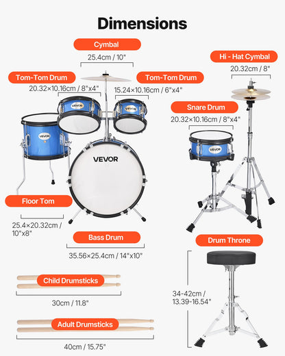 Barntrumset, 5-delars 14 tum / 355,6 mm juniortrumset, trumset för nybörjare med justerbart ställ och två par trumstockar, musikaliskt lärande truminstrumentkit, för barn i åldrarna 6-13 (blå)