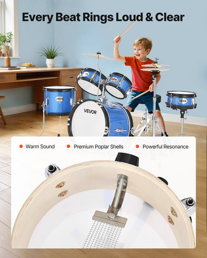 Barntrumset, 5-delars 14 tum / 355,6 mm juniortrumset, trumset för nybörjare med justerbart ställ och två par trumstockar, musikaliskt lärande truminstrumentkit, för barn i åldrarna 6-13 (blå)