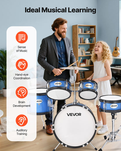 Barntrumset, 5-delars 14 tum / 355,6 mm juniortrumset, trumset för nybörjare med justerbart ställ och två par trumstockar, musikaliskt lärande truminstrumentkit, för barn i åldrarna 6-13 (blå)
