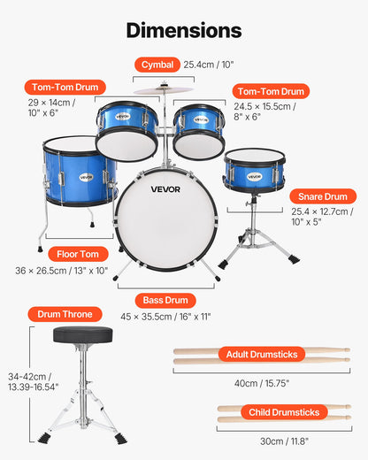 Barntrumset, 5-delars 16 tum / 406,4 mm juniortrumset, trumset för nybörjare med justerbart ställ och två par trumstockar, musikaliskt lärande truminstrumentkit, för barn i åldrarna 6-13 (blå)