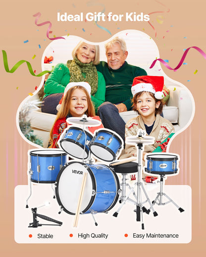 Barntrumset, 5-delars 16 tum / 406,4 mm juniortrumset, trumset för nybörjare med justerbart ställ och två par trumstockar, musikaliskt lärande truminstrumentkit, för barn i åldrarna 6-13 (blå)