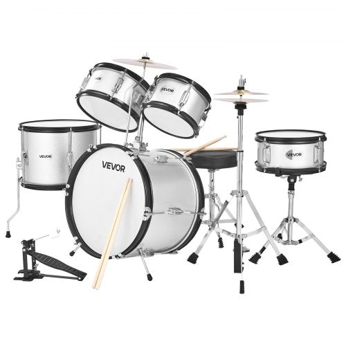 Kids Drum Set, 5-Piece 16 in / 406.4 mm Junior Drum Sets, Beginner Drums Set with Adjustable Throne and Two Pairs of Drumsticks, Musical Learning Drums Instrument Kit, for Children Ages 6-13(Silver)