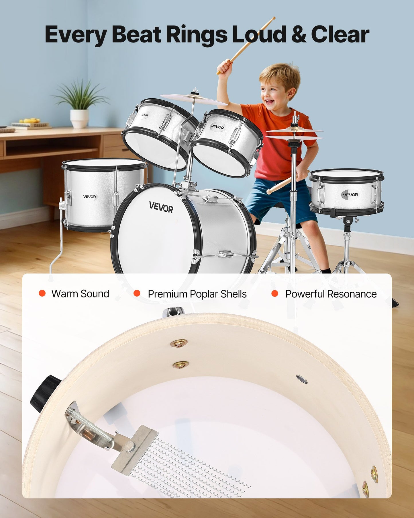 Barntrumset, 5-delars 16 tum / 406,4 mm juniortrumset, trumset för nybörjare med justerbar tron ​​och två par trumstockar, musikaliskt lärande trumset, för barn i åldrarna 6-13 (silver)