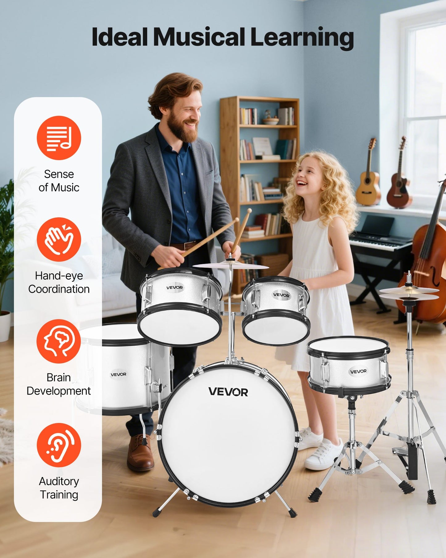 Barntrumset, 5-delars 16 tum / 406,4 mm juniortrumset, trumset för nybörjare med justerbar tron ​​och två par trumstockar, musikaliskt lärande trumset, för barn i åldrarna 6-13 (silver)