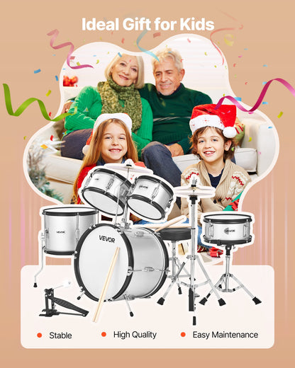 Barntrumset, 5-delars 16 tum / 406,4 mm juniortrumset, trumset för nybörjare med justerbar tron ​​och två par trumstockar, musikaliskt lärande trumset, för barn i åldrarna 6-13 (silver)