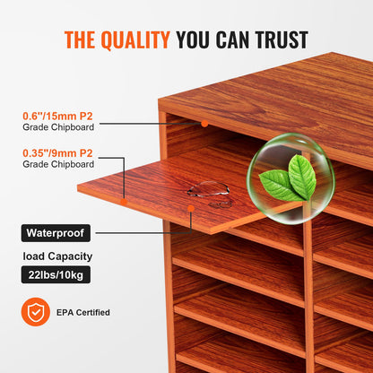 27 fack trälitteraturorganisatör, justerbara hyllor, postcenter av medeltät fiberskiva, förvaring för kontor, hemskola, filer, dokument, papper, tidskrifter, brun