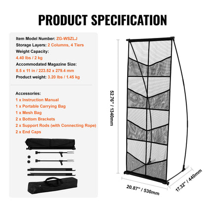 Brochure Display Stand, 4-Tier 8 Pockets Mesh Literature Display Holder, Floor Standing Magazine Newspaper Catalog Rack, Lightweight & Portable with Carrying Bag for Shop Exhibitions Office