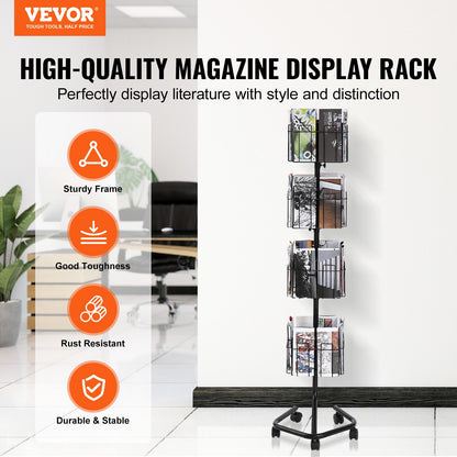 Brochure Display Rack, 4-Tier 32 Pockets Rotating Magazine Literature Display Stand for Postcards, 360° Spinning Greeting Cards Rack with 5 Wheels (2 Lockable) for Shop Exhibitions Office