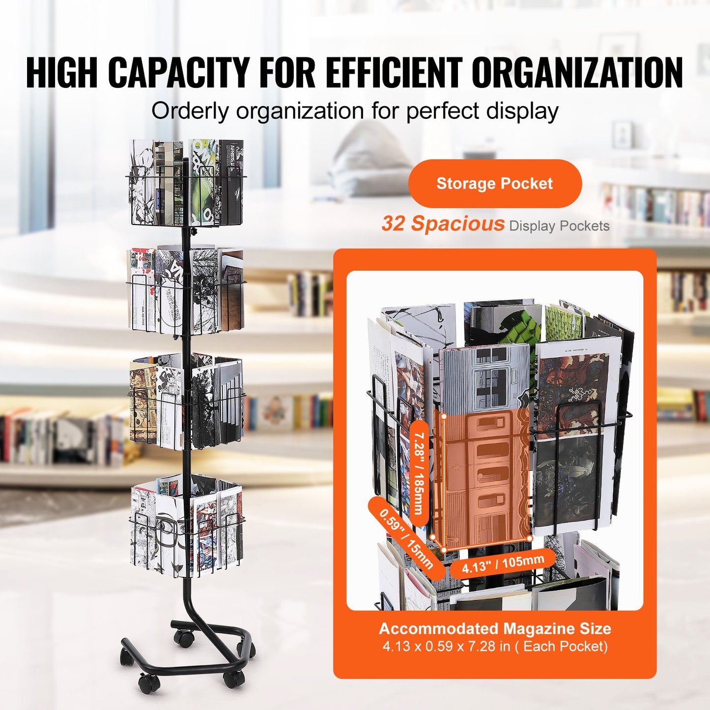 Brochure Display Rack, 4-Tier 32 Pockets Rotating Magazine Literature Display Stand for Postcards, 360° Spinning Greeting Cards Rack with 5 Wheels (2 Lockable) for Shop Exhibitions Office
