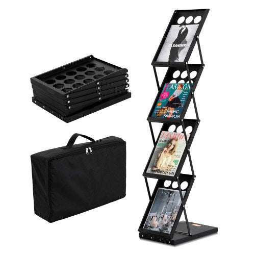 Foldable Magazine Display Rack. 4-Tier Brochure Literature Display Stand, Portable Catalog Brochure Holder Stand with Carrying Bag for Office Trade Show Exhibitions, 4 Pockets