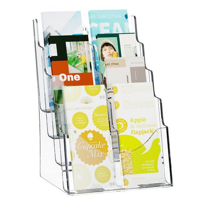Acrylic Brochure Holder 8.5 x 11 inch, 4-Tier Clear Acrylic Literature Display Stand, Plastic Literature Organizer Flyer Stand & Removable Divider for Office Exhibition, Countertop or Wall Mount