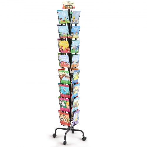 Greeting Cards Display Rack, 32 Pockets Rotating Postcard Brochure Display Stand, 360° Spinning Card Display Rack with Sign Holder & 4 Wheels (2 Lockable) for Exhibitions Office Trade Show