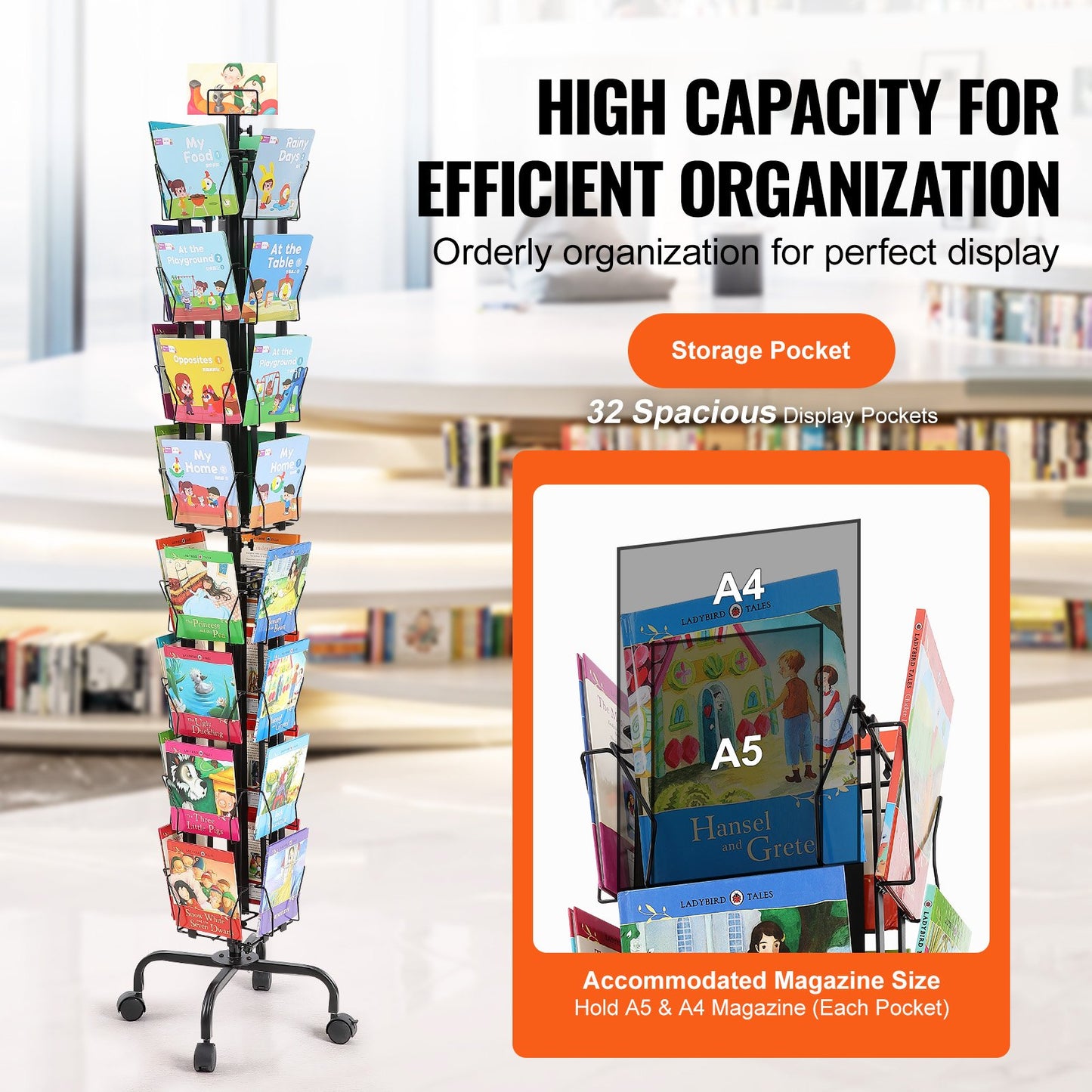 Greeting Cards Display Rack, 32 Pockets Rotating Postcard Brochure Display Stand, 360° Spinning Card Display Rack with Sign Holder & 4 Wheels (2 Lockable) for Exhibitions Office Trade Show
