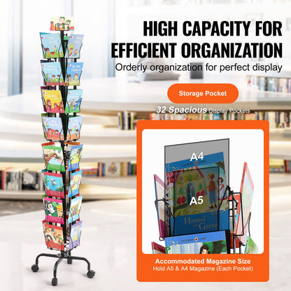 Greeting Cards Display Rack, 32 Pockets Rotating Postcard Brochure Display Stand, 360° Spinning Card Display Rack with Sign Holder & 4 Wheels (2 Lockable) for Exhibitions Office Trade Show