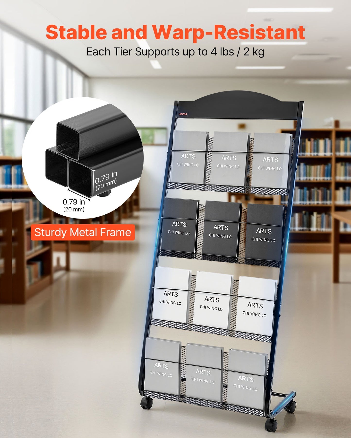 Broschyrställ, 4-vånings tidskriftsställ med hjul, flyttbart golvstående tidskriftsställ, kraftiga tidningskataloghållare för butiksutställningar, kontor, hantverksmässor