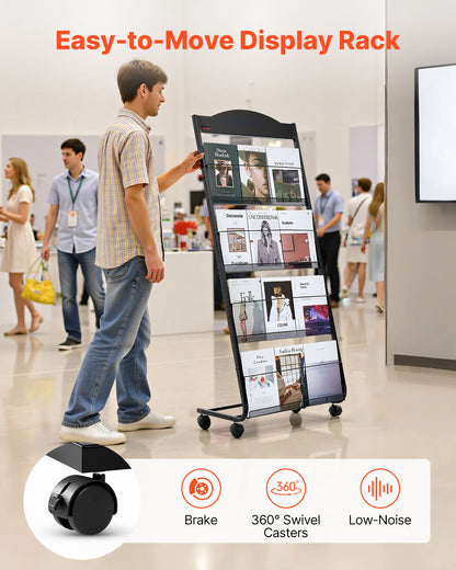 Broschyrställ, 4-vånings tidskriftsställ med hjul, flyttbart golvstående tidskriftsställ, kraftiga tidningskataloghållare för butiksutställningar, kontor, hantverksmässor