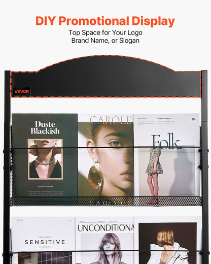 Broschyrställ, 4-vånings tidskriftsställ med hjul, flyttbart golvstående tidskriftsställ, kraftiga tidningskataloghållare för butiksutställningar, kontor, hantverksmässor