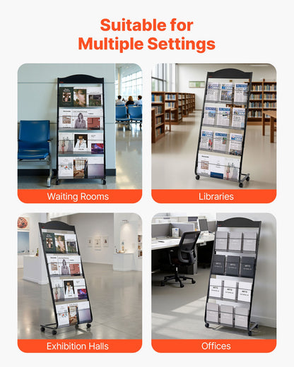 Broschyrställ, 4-vånings tidskriftsställ med hjul, flyttbart golvstående tidskriftsställ, kraftiga tidningskataloghållare för butiksutställningar, kontor, hantverksmässor