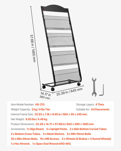 Brochure Display Rack, 4-Tier Magazine Literature Display Stand with Wheels, Movable Floor Standing Magazine Rack, Heavy Duty Newspaper Catalog Holders for Shop Exhibitions Office Craft Fairs
