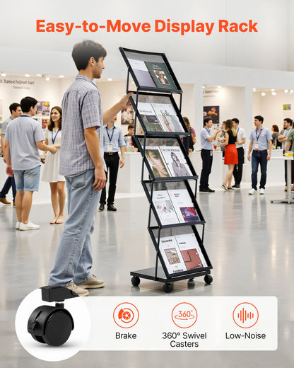 Broschyrställ, hopfällbart 5-fickors tidskriftsställ, flyttbart golvstående tidskriftsställ med hjul, metallkataloghållare för butiksutställningar och kontorsmässor