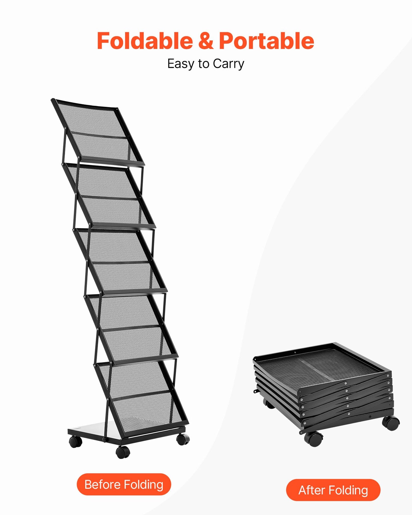 Broschyrställ, hopfällbart 5-fickors tidskriftsställ, flyttbart golvstående tidskriftsställ med hjul, metallkataloghållare för butiksutställningar och kontorsmässor