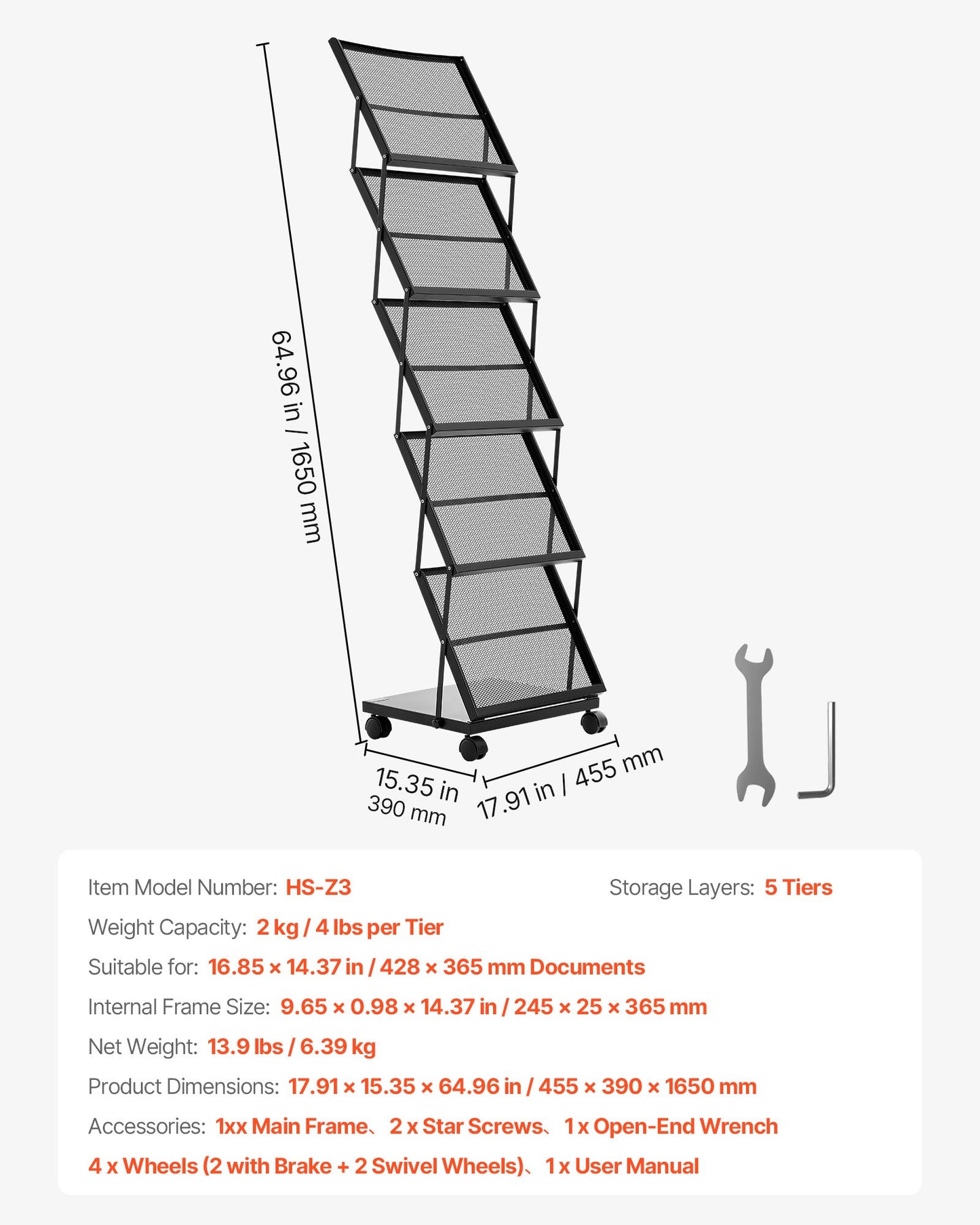 Broschyrställ, hopfällbart 5-fickors tidskriftsställ, flyttbart golvstående tidskriftsställ med hjul, metallkataloghållare för butiksutställningar och kontorsmässor