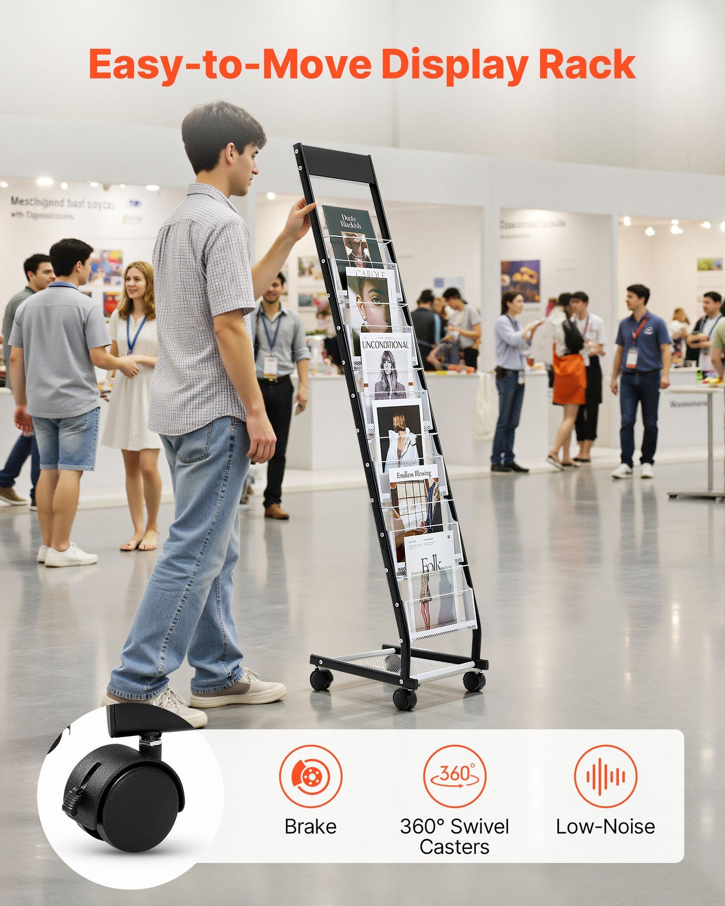 Broschyrställ, smalt 6-vånings tidskriftsställ med hjul, golvstående tidskriftsställ i metall, flyttbara tidningskataloghållare för butik, utställningskontor (6 fickor)