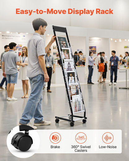 Broschyrställ, smalt 6-vånings tidskriftsställ med hjul, golvstående tidskriftsställ i metall, flyttbara tidningskataloghållare för butik, utställningskontor (6 fickor)