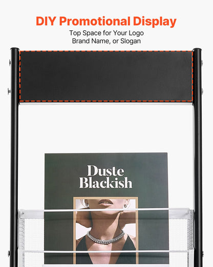 Broschyrställ, smalt 6-vånings tidskriftsställ med hjul, golvstående tidskriftsställ i metall, flyttbara tidningskataloghållare för butik, utställningskontor (6 fickor)