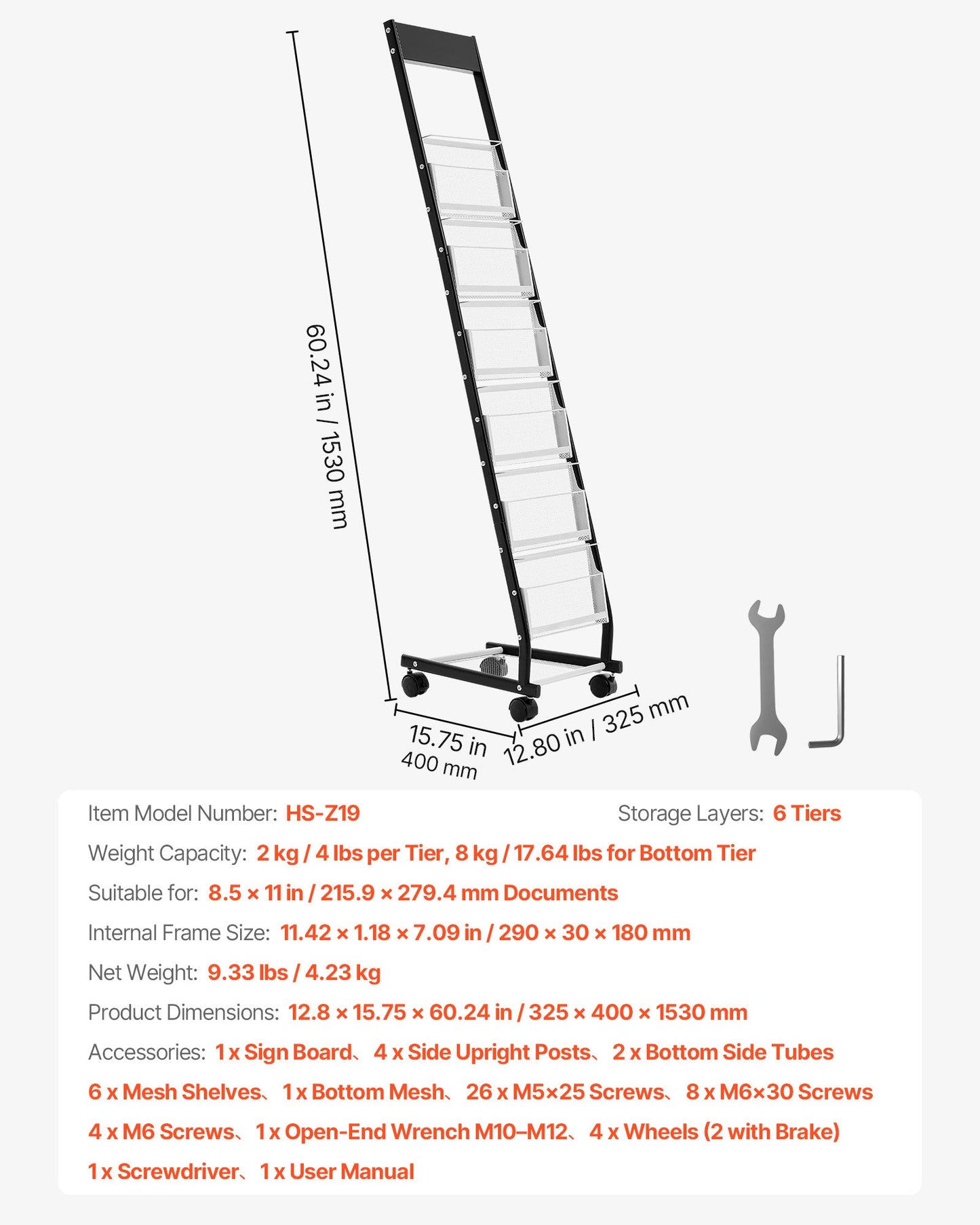 Broschyrställ, smalt 6-vånings tidskriftsställ med hjul, golvstående tidskriftsställ i metall, flyttbara tidningskataloghållare för butik, utställningskontor (6 fickor)