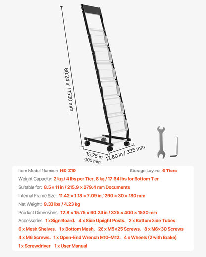 Broschyrställ, smalt 6-vånings tidskriftsställ med hjul, golvstående tidskriftsställ i metall, flyttbara tidningskataloghållare för butik, utställningskontor (6 fickor)