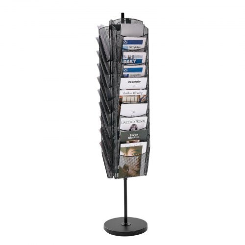 Rotating Brochure Display Rack, 30 Pockets Mesh Magazine Literature Display Stand, Portable Floor Standing Magazine Rack, Metal Newspaper Catalog Holders for Shop Exhibitions Office Trade Show
