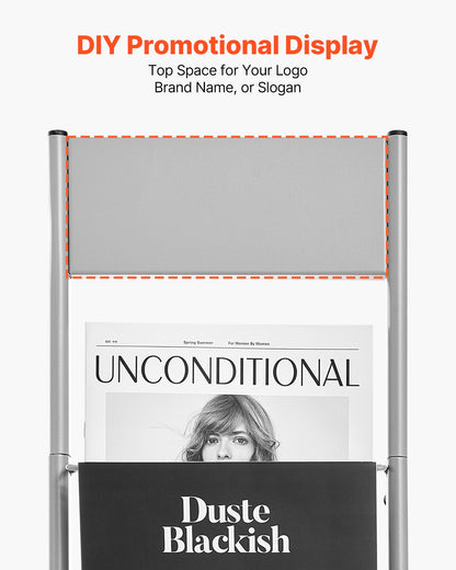 Broschyrställ, 10-fickors tidskriftsställ, bärbart golvstående tidskriftsställ, metallkataloghållare för butik, utställningar, kontor, mässa, silver