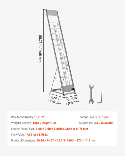 Broschyrställ, 10-fickors tidskriftsställ, bärbart golvstående tidskriftsställ, metallkataloghållare för butik, utställningar, kontor, mässa, silver